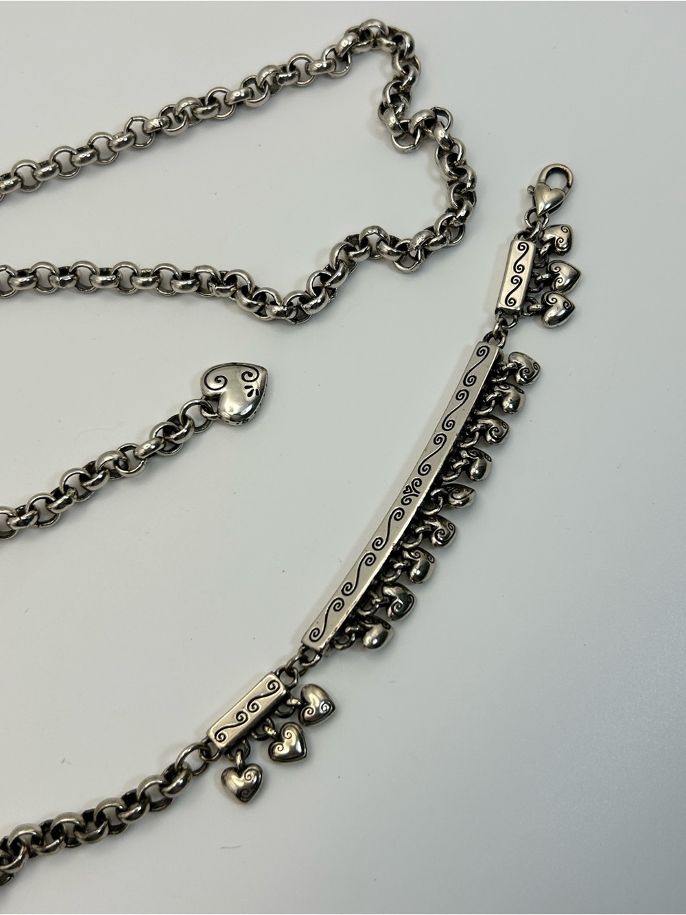 Brighton Dangling Hearts Chain Belt 40"L Round Link Silver Plated Vintage - Picture 7 of 12